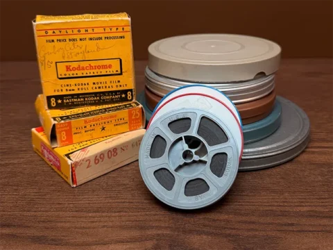 Kodak 8mm film reels, film cans, and vintage film boxes