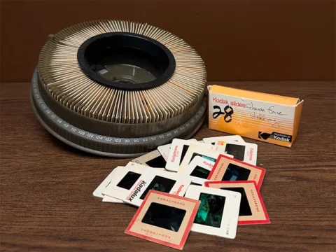 35mm Kodachrome slides, slide carousel, and slide box
