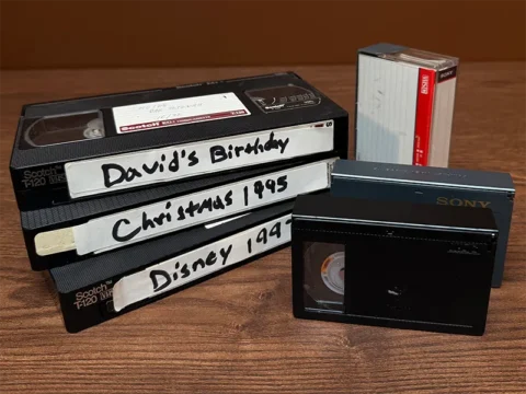 VHS and VHS-C video cassettes with handwritten family labels