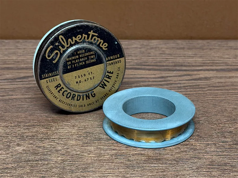 Vintage recording wire reel and Silvertone container